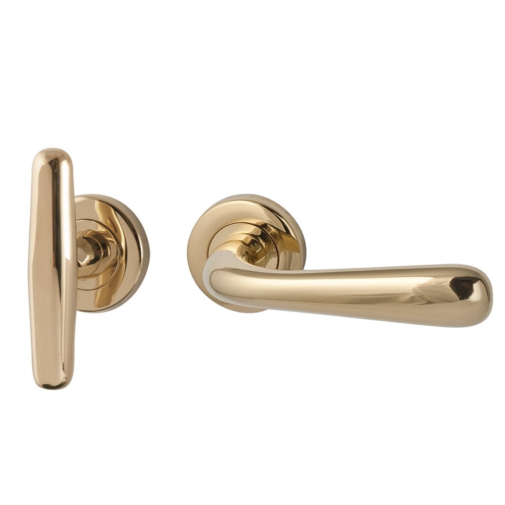 Deurkruk lt-model Deurkruk T-model + Silvia rechts op rond Artax rozet PVD messing